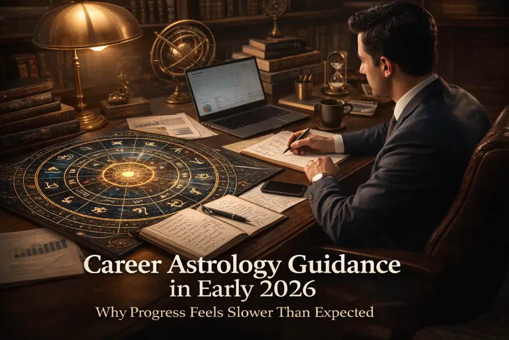 Career astrology guidance in early 2026 showing a professional analyzing career timing during a Saturn-influenced evaluation phase