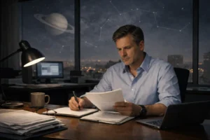 Professional reflecting on career decisions during an evaluative phase explained through career astrology guidance
